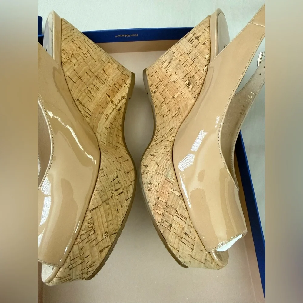 Stuart Weitzman Size 5 Jean Adobe Aniline Peep-Toe Cork Wedges in Nude Patent - Picture 2 of 11